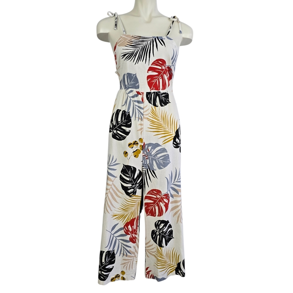 NWT Monteau Los Angeles Women's Linen Blend Jumpsuit Multi Tropical Print Size S